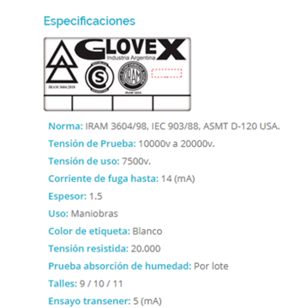 GE-01-09 - GUANTE USO ELECTRICO 10000V DE CAUCHO TENSION USO 7500V CLASE 01 - Image 3