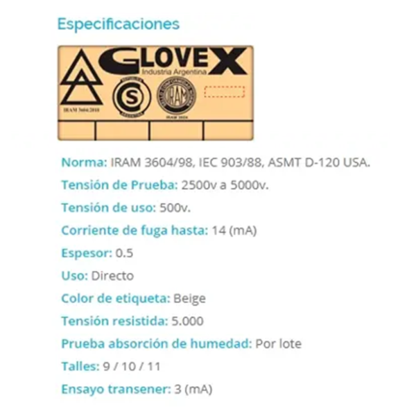 GE-00-09 - GUANTE USO ELECTRICO 2500 V DE CAUCHO "GLOVEX" TENSION USO 500 V CLASE 00 - Image 2