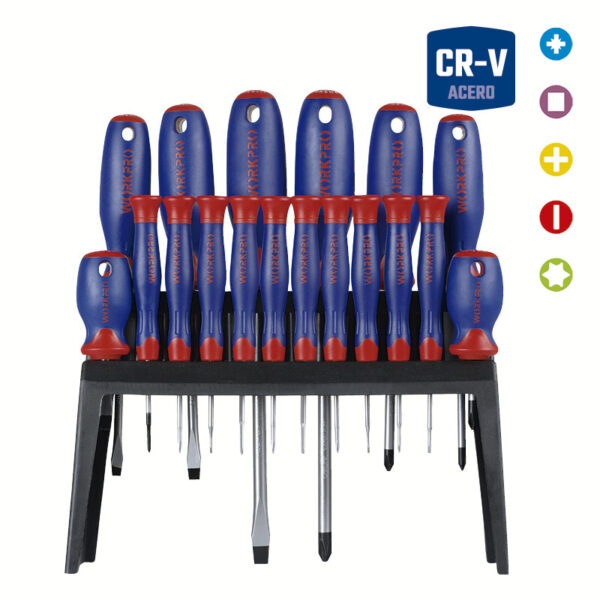 JUEGO DE DESTORNILLADORES 18 PIEZAS CR-V CON SOPORTE