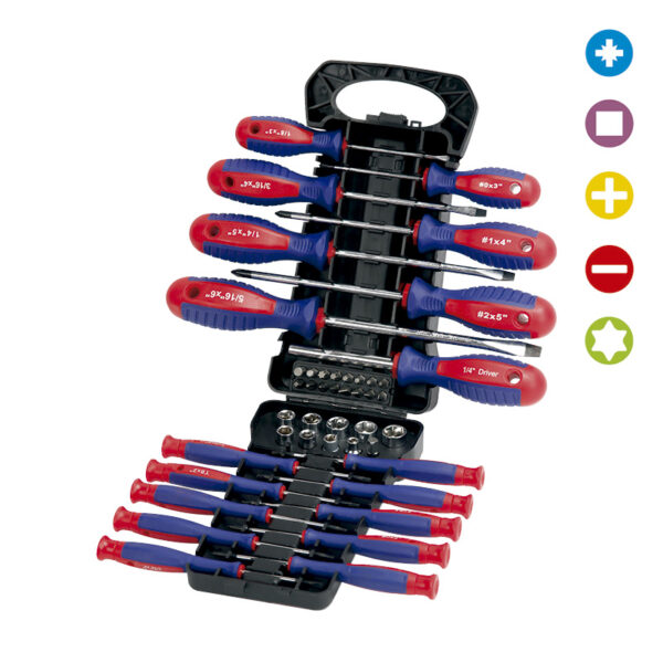 JUEGO 45 PIEZAS DESTORNILLADORES Y TUBOS CON SOPORTE